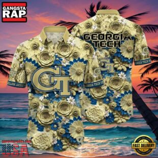 NCAA Georgia Tech Yellow Jackets Flower Button Up Hawaiian Shirt 3D Shirt, Georgia Tech Yellow Jackets Football Fathers Day Gifts