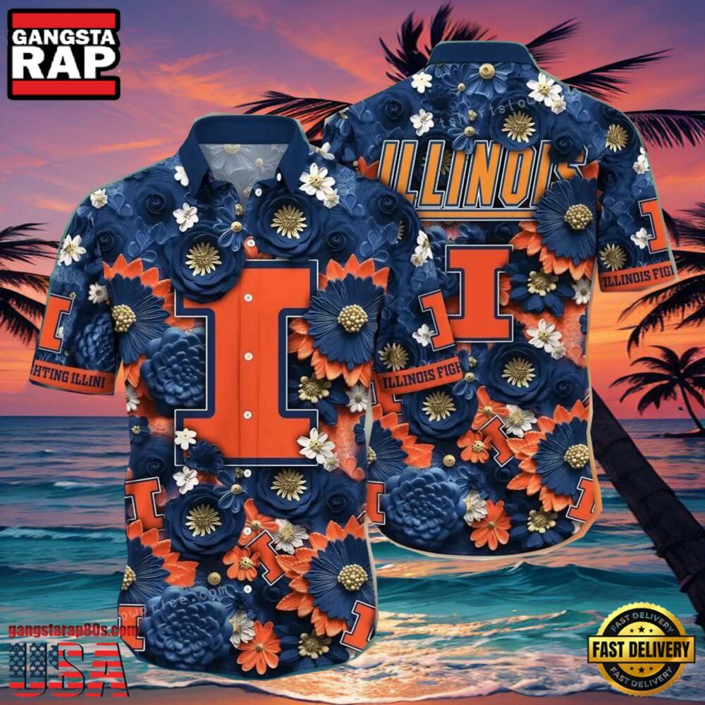 NCAA Illinois Fighting Illini Flower Button Up Hawaiian Shirt 3D Shirt, Illinois Fighting Illini Football Gifts For Dad NCAA Illinois Fighting Illini Flower Button Up Hawaiian Shirt 3D Shirt, Illinois Fighting Illini Football Gifts For Dad