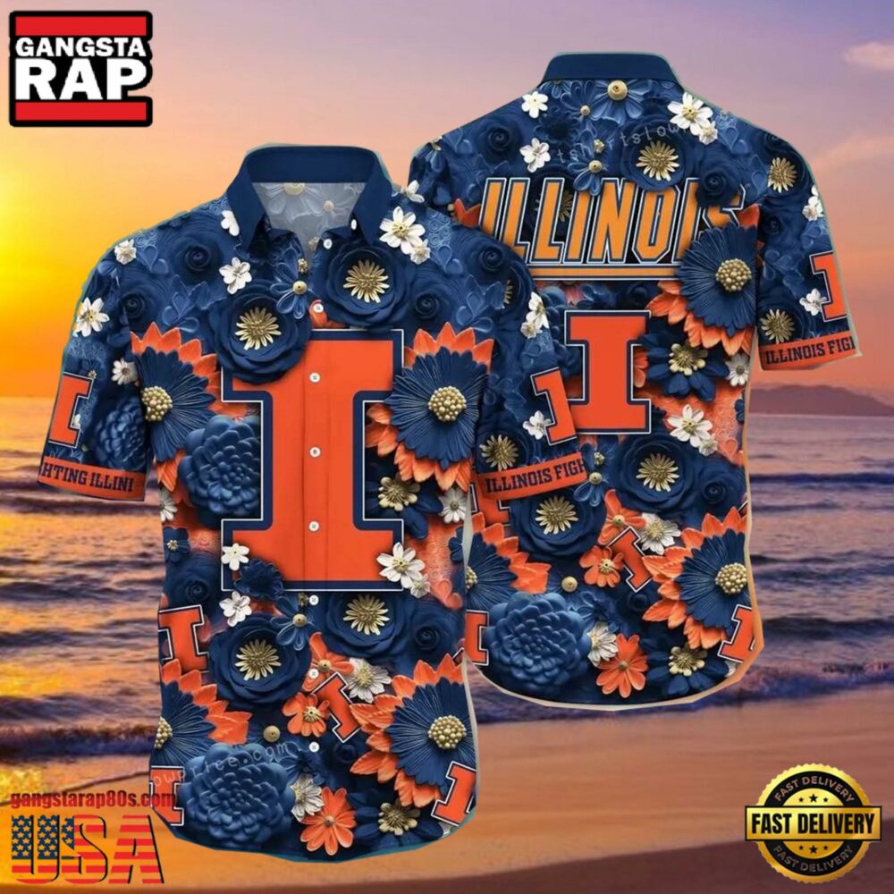 NCAA Illinois Fighting Illini Flower Button Up Hawaiian Shirt 3D Shirt, Illinois Fighting Illini Football Gifts For Dad NCAA Illinois Fighting Illini Flower Button Up Hawaiian Shirt 3D Shirt, Illinois Fighting Illini Football Gifts For Dad