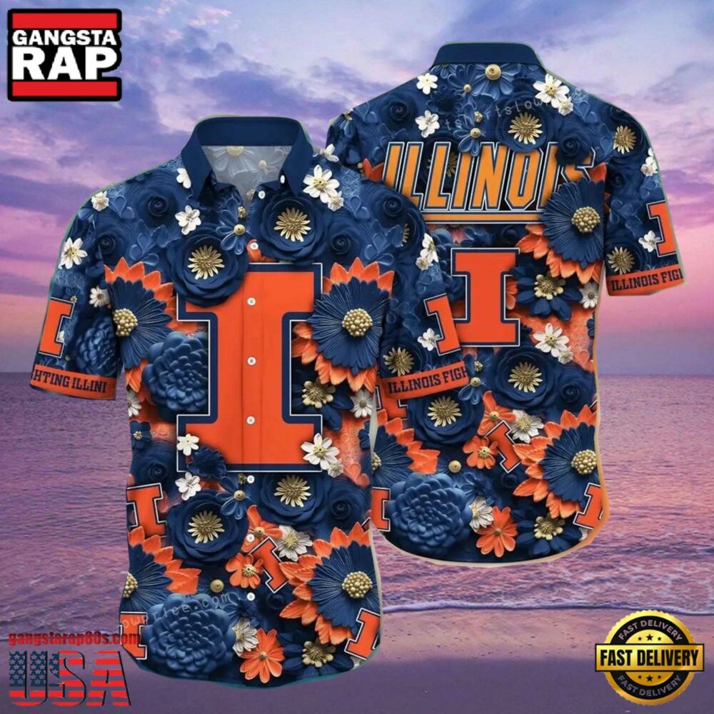 NCAA Illinois Fighting Illini Flower Button Up Hawaiian Shirt 3D Shirt, Illinois Fighting Illini Football Gifts For Dad NCAA Illinois Fighting Illini Flower Button Up Hawaiian Shirt 3D Shirt, Illinois Fighting Illini Football Gifts For Dad