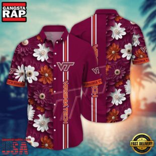 NCAA Virginia Tech Hokies Flower Summer Aloha Button Hawaiian Shirt