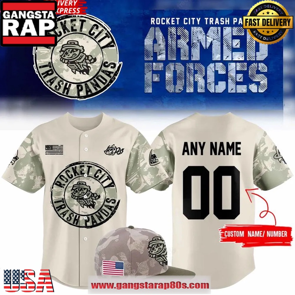 Rocket City Trash Pandas 2025 Armed Forces Custom Name Number Baseball Jersey Rocket City Trash Pandas 2025 Armed Forces Custom Name Number Baseball Jersey