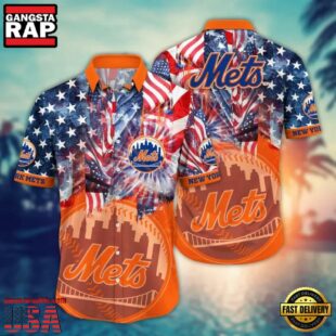 MLB New York Mets American Flag Fireworks Hawaiian Shirt