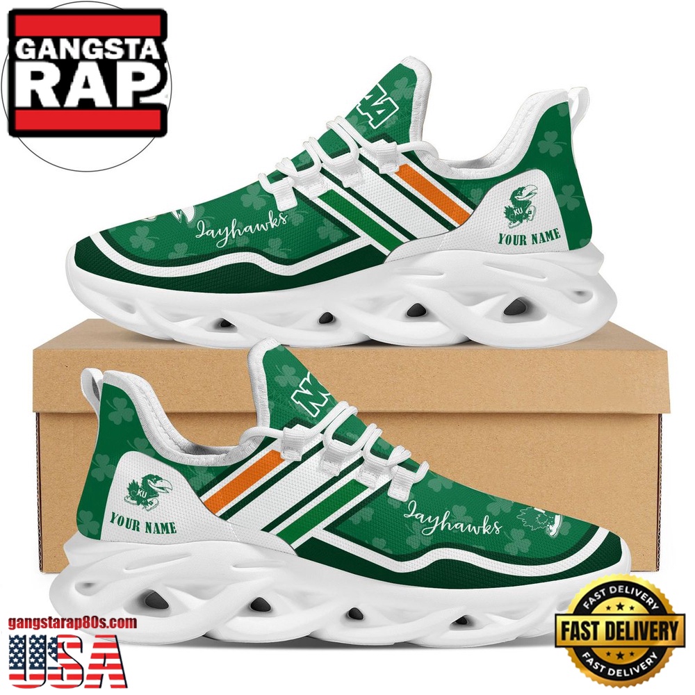 NCAA Custom Name Kansas Jayhawks Logo Saint Patrick'S Day Unique Design Max Soul Shoes Running Sneakers NCAA Custom Name Kansas Jayhawks Logo Saint Patrick'S Day Unique Design Max Soul Shoes Running Sneakers