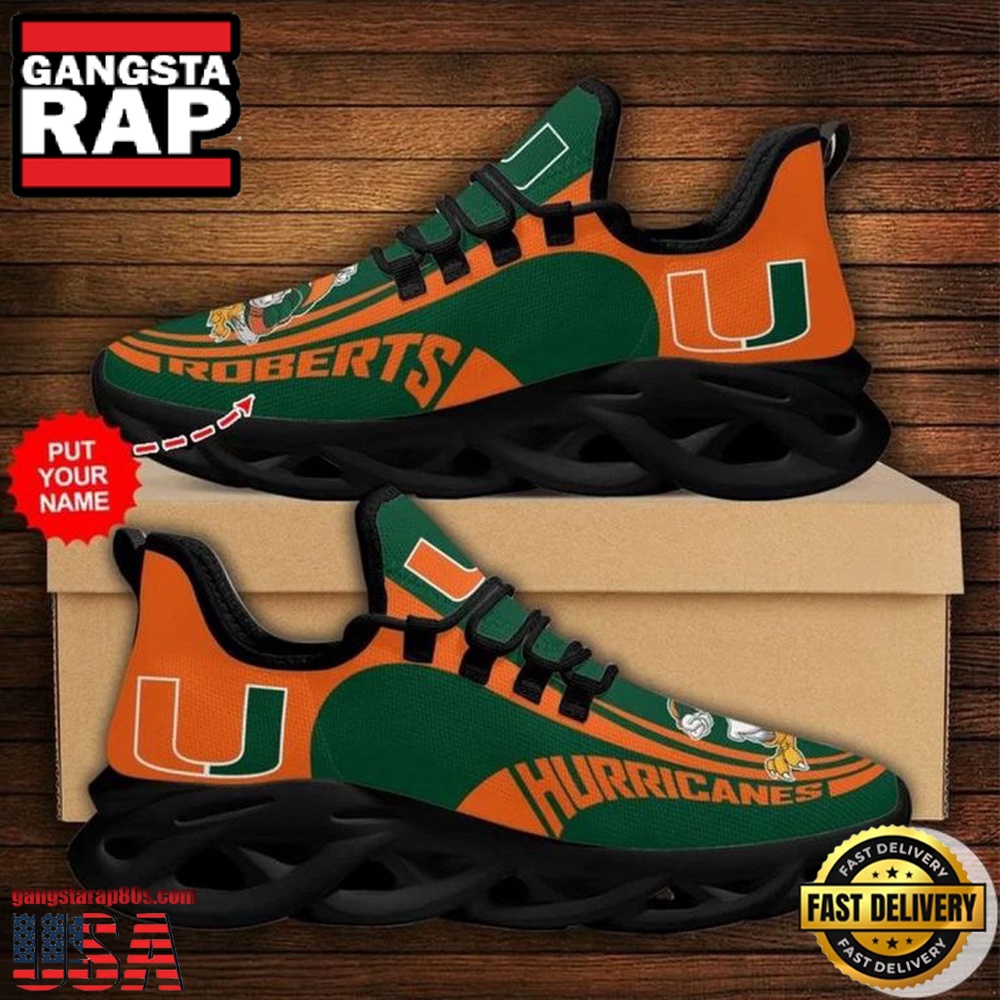 NCAA Custom Name Miami Hurricanes Sneaker Unique Design Max Soul Shoes Running Sneakers NCAA Custom Name Miami Hurricanes Sneaker Unique Design Max Soul Shoes Running Sneakers