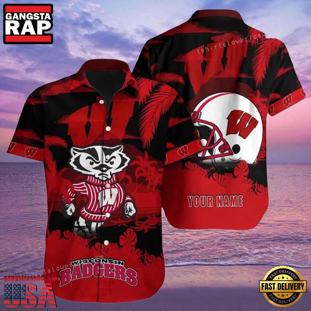 NCAA Custom Name Wisconsin Badgers Hawaiian Shirt For Men And Women NCAA Custom Name Wisconsin Badgers Hawaiian Shirt For Men And Women
