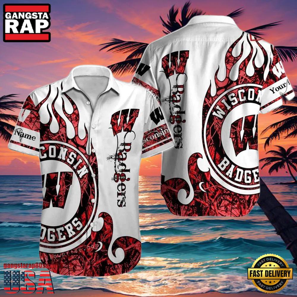 NCAA Custom Name Wisconsin Badgers Hawaiian Shirt Hawaiian Shirt Outfit NCAA Custom Name Wisconsin Badgers Hawaiian Shirt Hawaiian Shirt Outfit