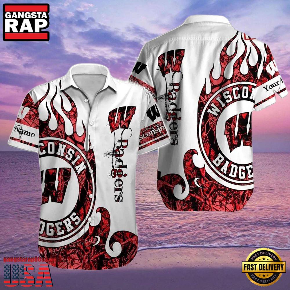 NCAA Custom Name Wisconsin Badgers Hawaiian Shirt Hawaiian Shirt Outfit NCAA Custom Name Wisconsin Badgers Hawaiian Shirt Hawaiian Shirt Outfit