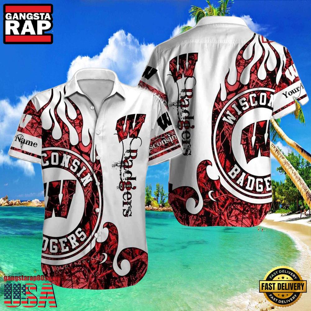 NCAA Custom Name Wisconsin Badgers Hawaiian Shirt Hawaiian Shirt Outfit NCAA Custom Name Wisconsin Badgers Hawaiian Shirt Hawaiian Shirt Outfit