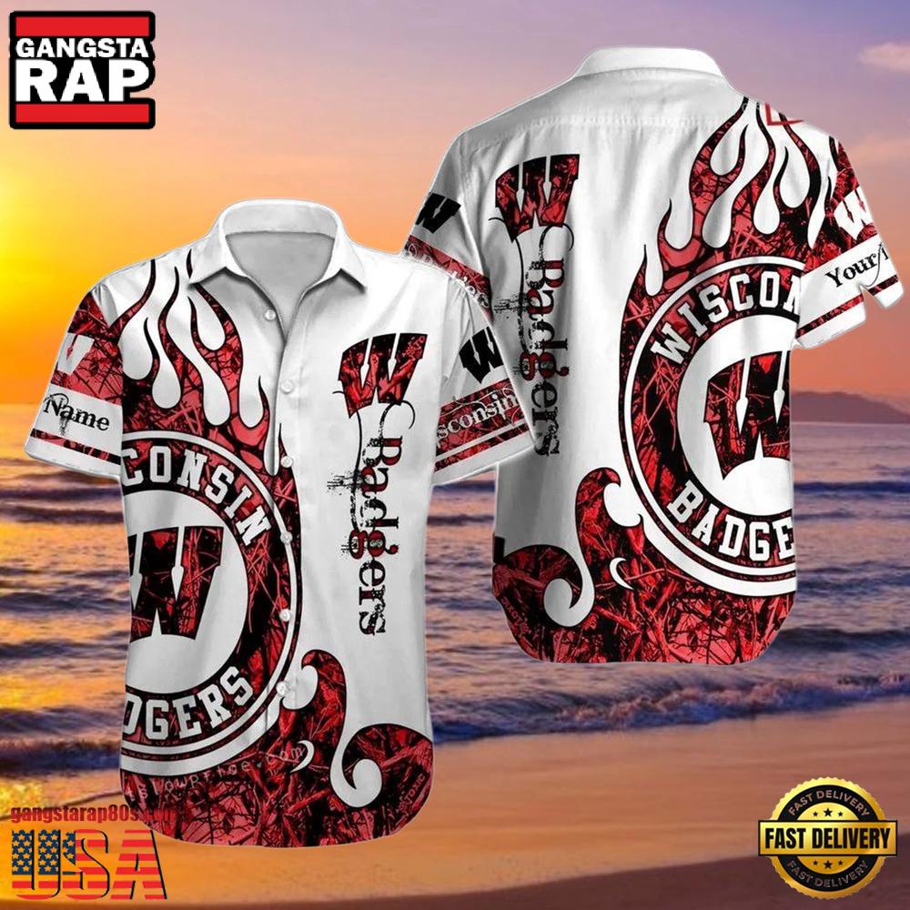 NCAA Custom Name Wisconsin Badgers Hawaiian Shirt Hawaiian Shirt Outfit NCAA Custom Name Wisconsin Badgers Hawaiian Shirt Hawaiian Shirt Outfit