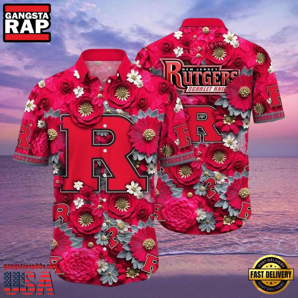NCAA Rutgers Scarlet Knights Flower Hawaiian Shirt Outfit 3D Shirt NCAA Rutgers Scarlet Knights Flower Hawaiian Shirt Outfit 3D Shirt