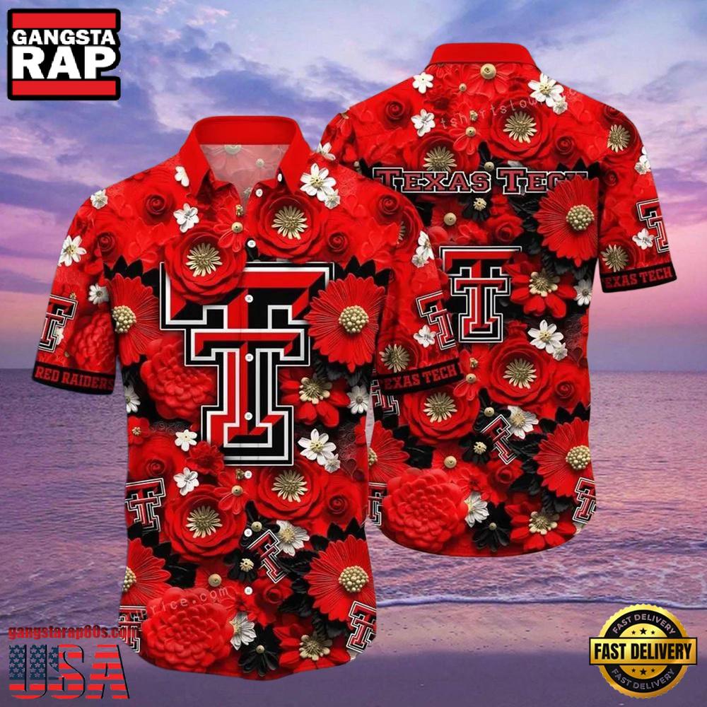 NCAA Texas Tech Red Raiders Flower Button Up Hawaiian Shirt NCAA Texas Tech Red Raiders Flower Button Up Hawaiian Shirt