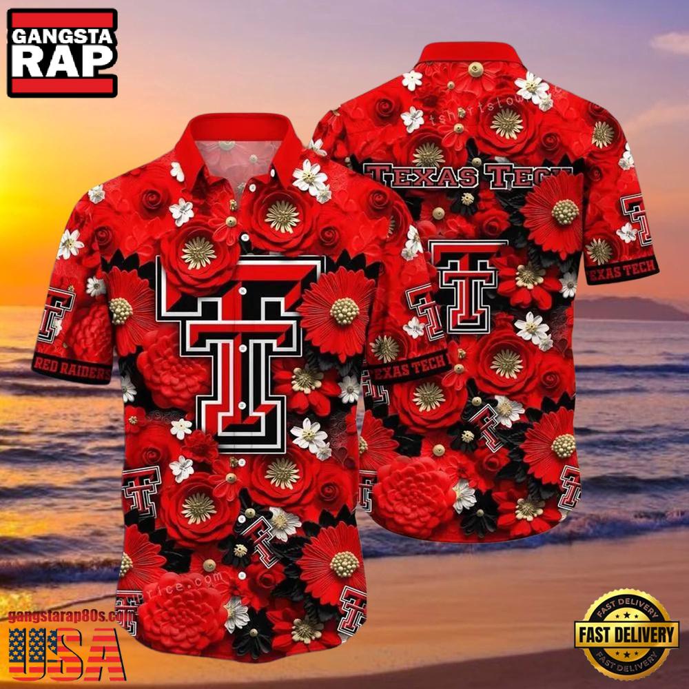 NCAA Texas Tech Red Raiders Flower Button Up Hawaiian Shirt NCAA Texas Tech Red Raiders Flower Button Up Hawaiian Shirt
