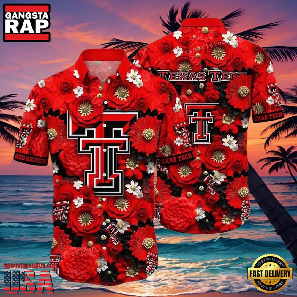 NCAA Texas Tech Red Raiders Flower Button Up Hawaiian Shirt NCAA Texas Tech Red Raiders Flower Button Up Hawaiian Shirt