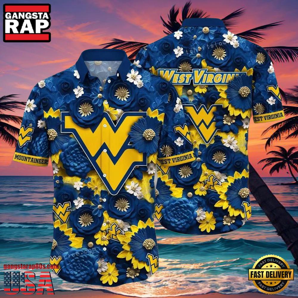 NCAA West Virginia Mountaineers Flower Button Up Hawaiian Shirt NCAA West Virginia Mountaineers Flower Button Up Hawaiian Shirt