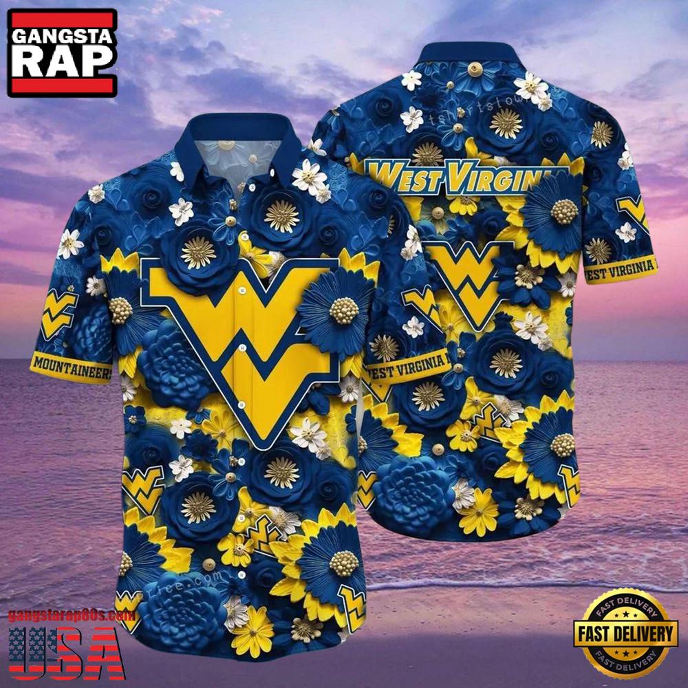 NCAA West Virginia Mountaineers Flower Button Up Hawaiian Shirt NCAA West Virginia Mountaineers Flower Button Up Hawaiian Shirt