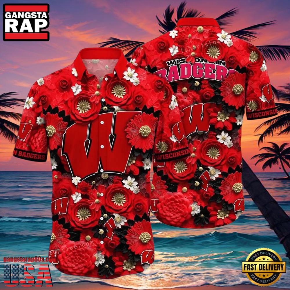 NCAA Wisconsin Badgers Flower Hawaiian Shirt Outfit 3D Shirt NCAA Wisconsin Badgers Flower Hawaiian Shirt Outfit 3D Shirt