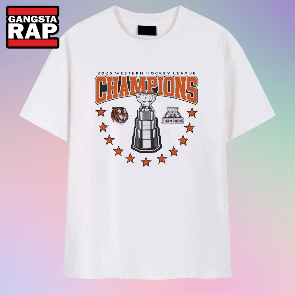 Original Medicine Hat Tigers 2025 Western Hockey League Champions Trophy T Shirt Original Medicine Hat Tigers 2025 Western Hockey League Champions Trophy T Shirt
