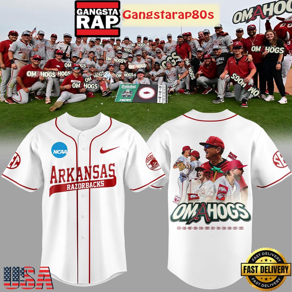 Arkansas Razorbacks Omahogs Champions Special White Baseball Jersey Shirt Arkansas Razorbacks Omahogs Champions Special White Baseball Jersey Shirt