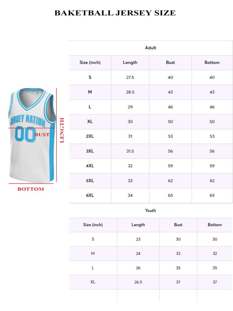 baketball jersey size chart
