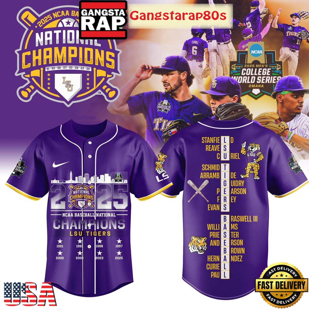 LSU Tigers 2025 NCAA Baseball National Champions Baseball Jersey Shirt LSU Tigers 2025 NCAA Baseball National Champions Baseball Jersey Shirt
