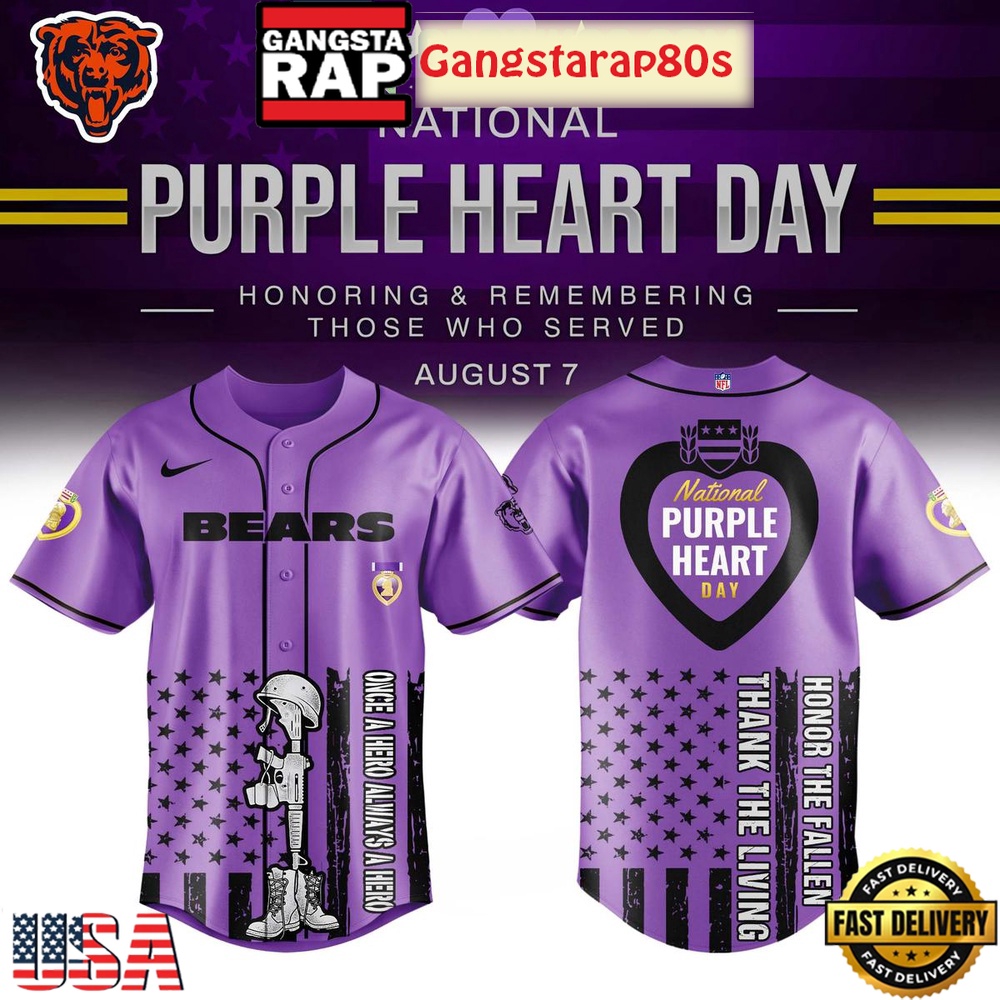 Chicago Bears Purple Heart Day 2025 Unique Design Baseball Jersey Chicago Bears Purple Heart Day 2025 Unique Design Baseball Jersey
