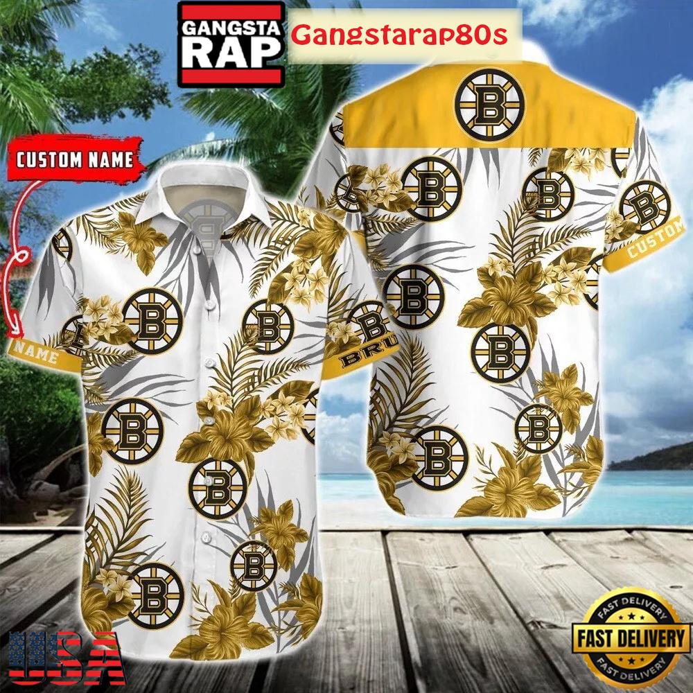 Custom Name Boston Bruins Hibiscus Summer Aloha Hawaiian Shirt Custom Name Boston Bruins Hibiscus Summer Aloha Hawaiian Shirt