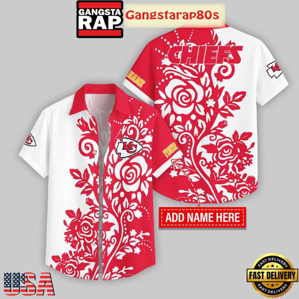 Custom Name Kansas City Chiefs Rose Branch Pattern Aloha Hawaiian Shirt Custom Name Kansas City Chiefs Rose Branch Pattern Aloha Hawaiian Shirt