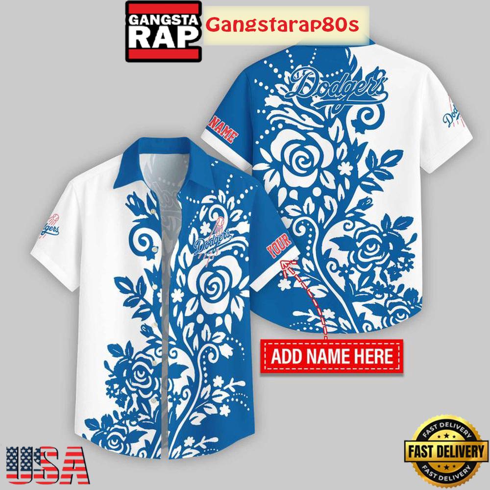 Custom Name Los Angeles Dodgers Rose Branch Pattern Aloha Hawaiian Shirt Custom Name Los Angeles Dodgers Rose Branch Pattern Aloha Hawaiian Shirt