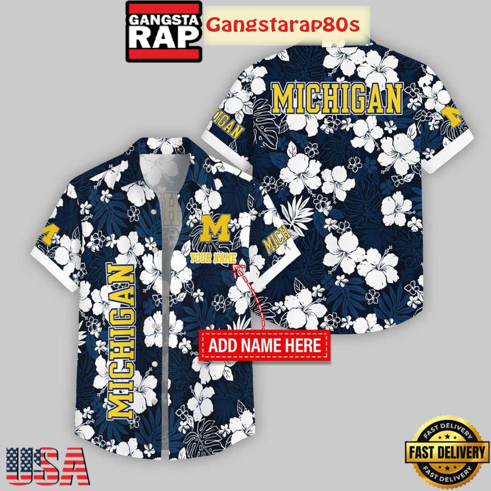 Custom Name Michigan Wolverines Hibicus Pattern Aloha Hawaiian Shirt Custom Name Michigan Wolverines Hibicus Pattern Aloha Hawaiian Shirt