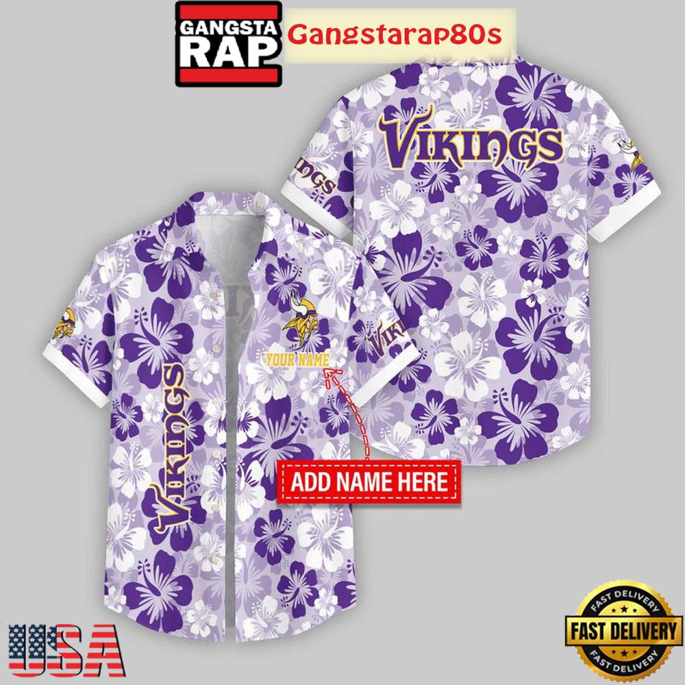 Custom Name Minnesota Vikings Flowers Pattern Aloha Hawaiian Shirt Custom Name Minnesota Vikings Flowers Pattern Aloha Hawaiian Shirt