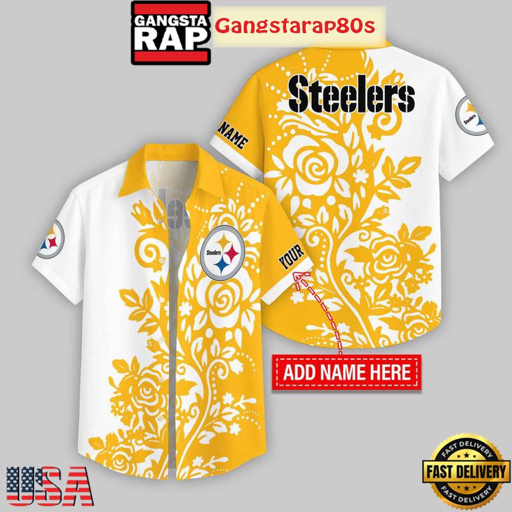 Custom Name Pittsburgh Steelers Rose Branch Pattern Aloha Hawaiian Shirt Custom Name Pittsburgh Steelers Rose Branch Pattern Aloha Hawaiian Shirt