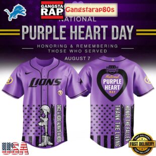 Detroit Lions Purple Heart Day 2025 Unique Design Baseball Jersey