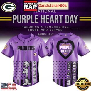 Green Bay Packers Purple Heart Day 2025 Unique Design Baseball Jersey