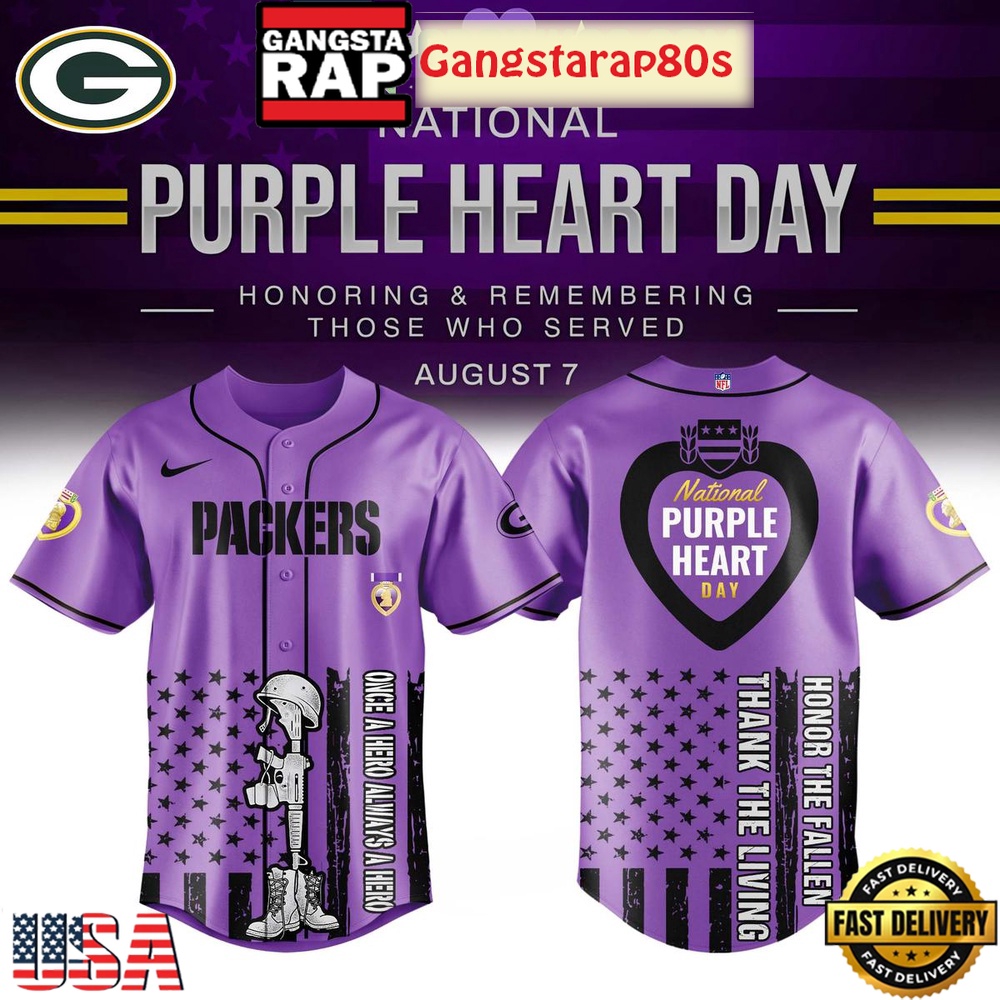 Green Bay Packers Purple Heart Day 2025 Unique Design Baseball Jersey Green Bay Packers Purple Heart Day 2025 Unique Design Baseball Jersey