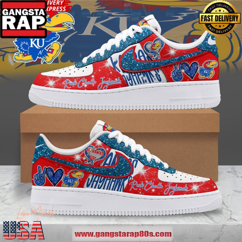 Kansas Jayhawks Rock Chalk Jayhawk Air Force 1 Running Sneakers Shoes Kansas Jayhawks Rock Chalk Jayhawk Air Force 1 Running Sneakers Shoes