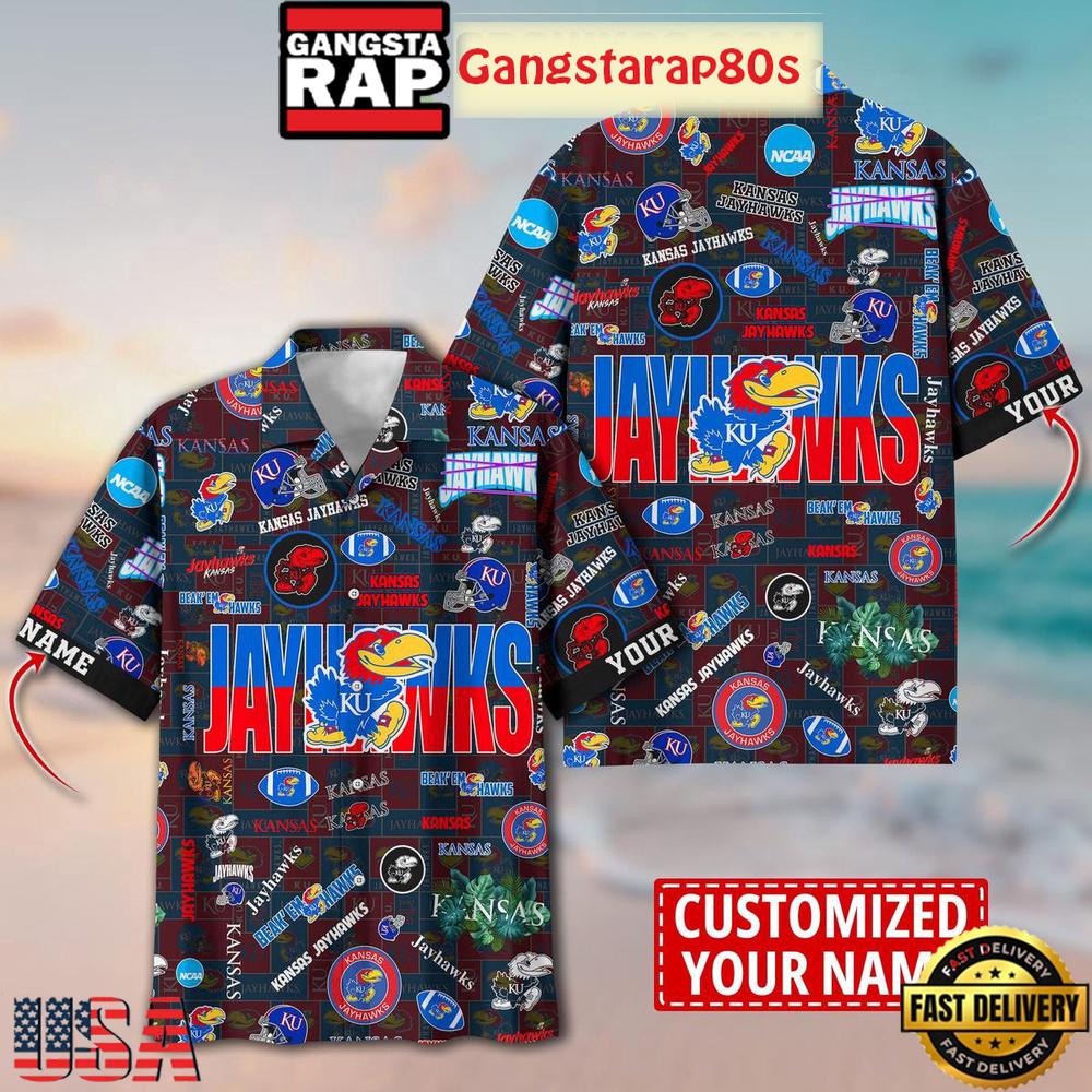 Kansas Jayhawks Solgan Beak'em Hawks True Fan Spirit Custom Name Aloha Hawaiian Shirt Kansas Jayhawks Solgan Beak'em Hawks True Fan Spirit Custom Name Aloha Hawaiian Shirt