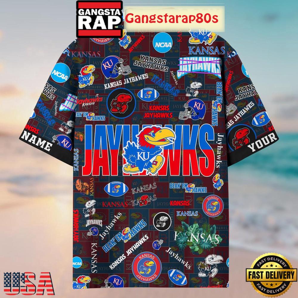 Kansas Jayhawks Solgan Beak'em Hawks True Fan Spirit Custom Name Aloha Hawaiian Shirt Kansas Jayhawks Solgan Beak'em Hawks True Fan Spirit Custom Name Aloha Hawaiian Shirt