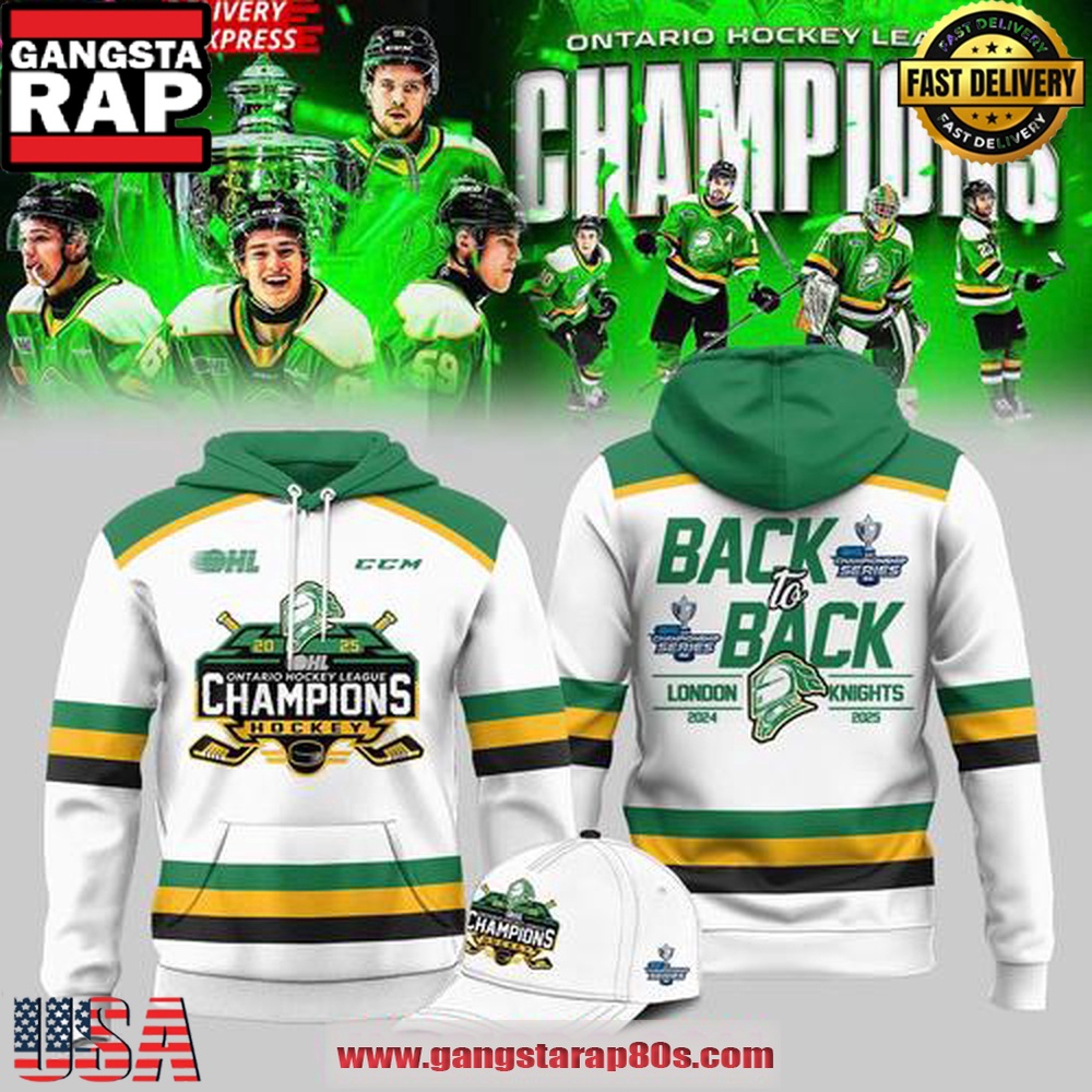 London Knights OHL Back-to-Back Champions 2024 - 2025 White Unisex Hoodie London Knights OHL Back-to-Back Champions 2024 - 2025 White Unisex Hoodie