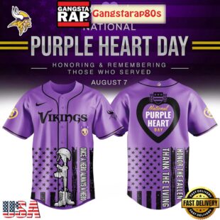 Minnesota Vikings Purple Heart Day 2025 Unique Design Baseball Jersey