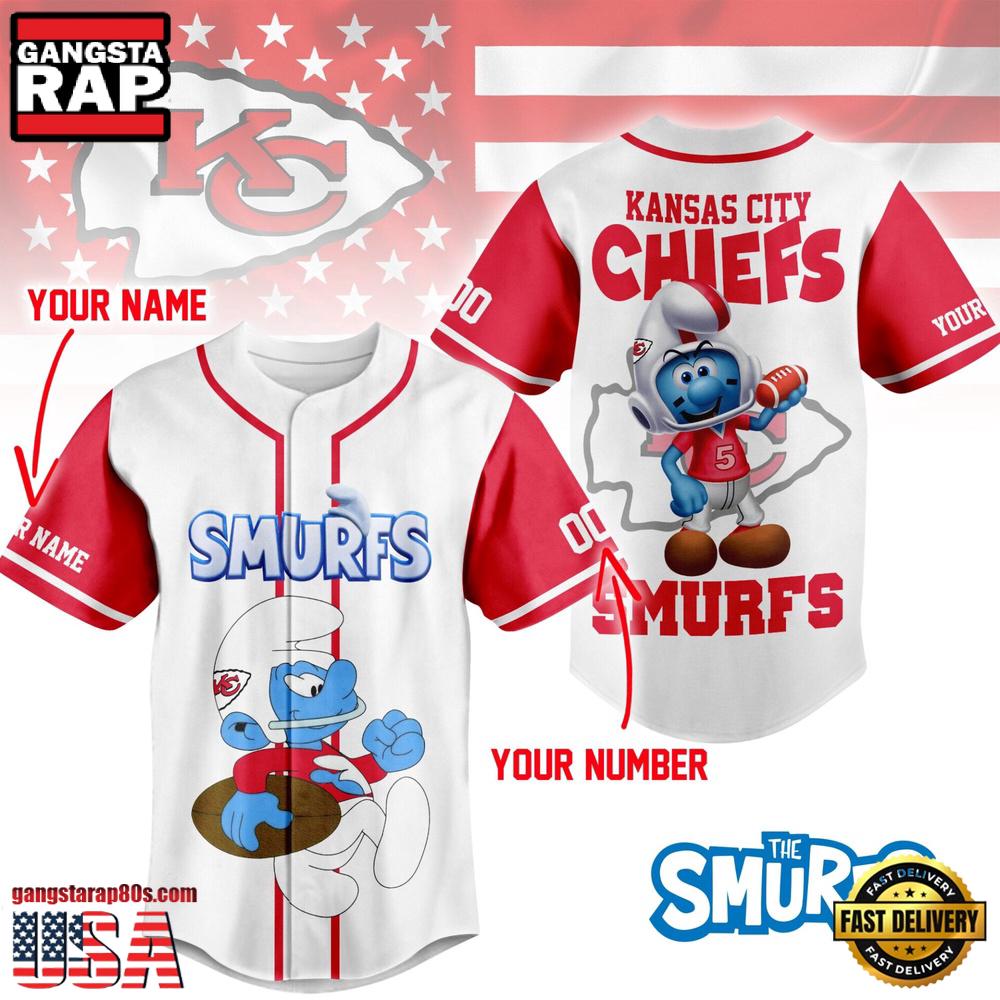 NFL Kansas City Chiefs The Smurfs Movie Unique Design Custom Baseball Jersey NFL Kansas City Chiefs The Smurfs Movie Unique Design Custom Baseball Jersey