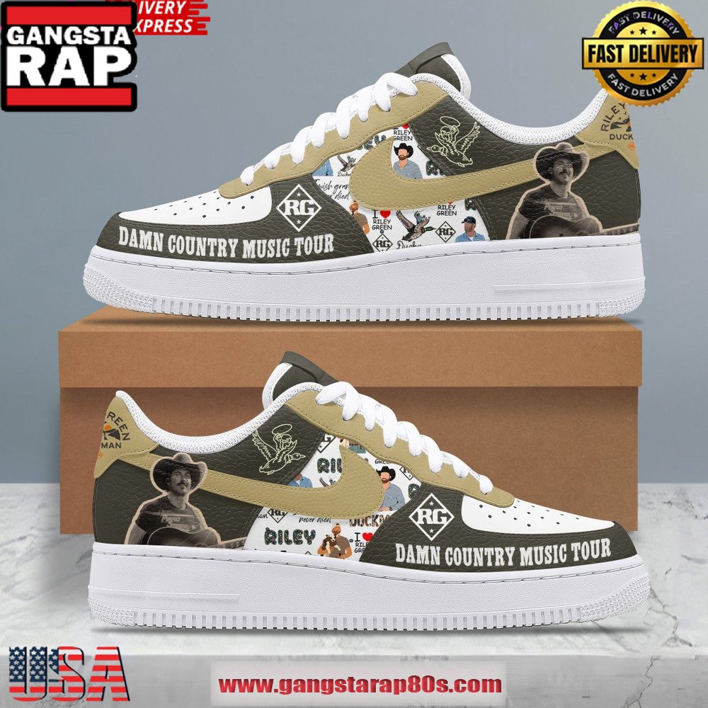 Riley Green Damn Country Music Tour 2025 Air Force 1 Running Sneakers Shoes Riley Green Damn Country Music Tour 2025 Air Force 1 Running Sneakers Shoes