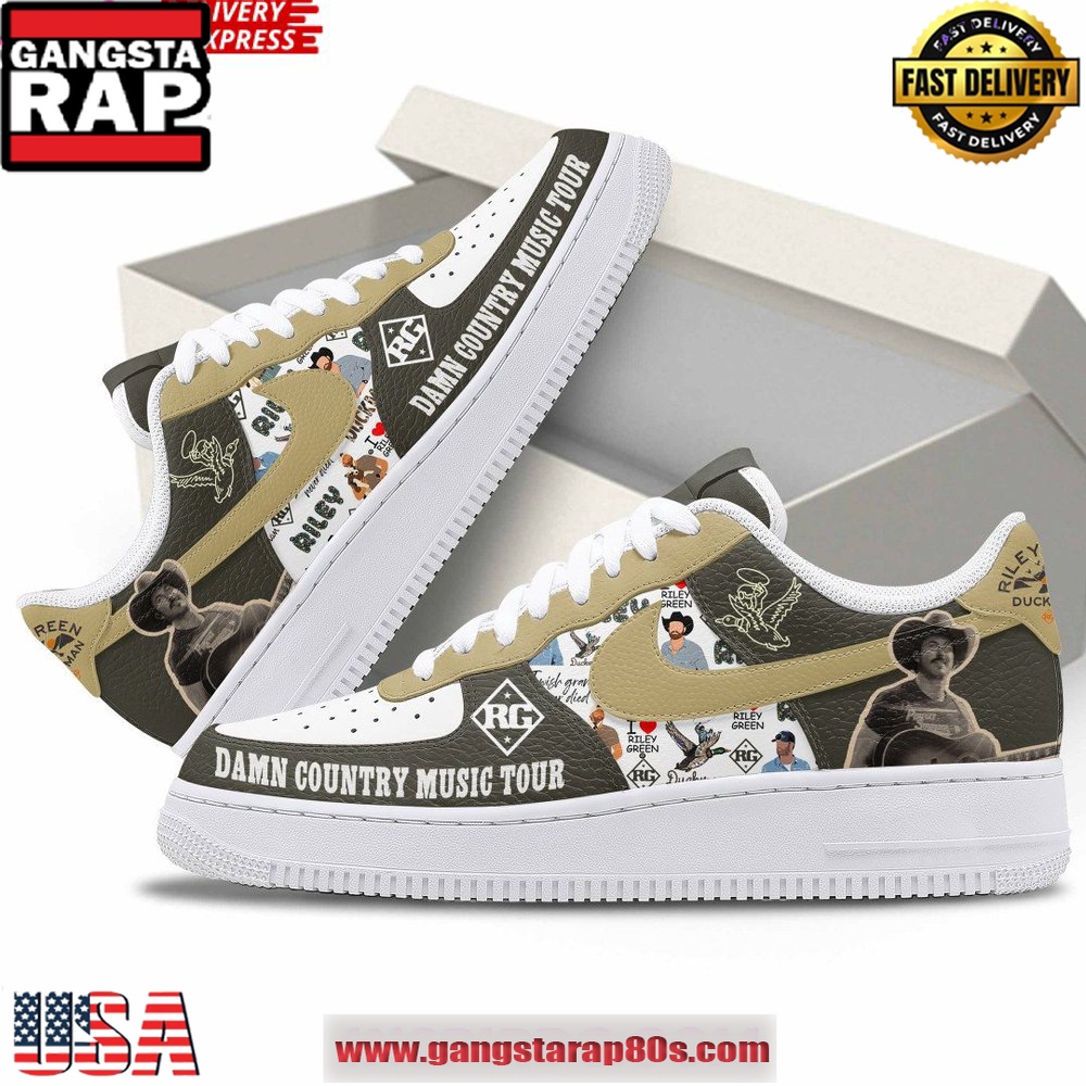 Riley Green Damn Country Music Tour 2025 Air Force 1 Running Sneakers Shoes Riley Green Damn Country Music Tour 2025 Air Force 1 Running Sneakers Shoes