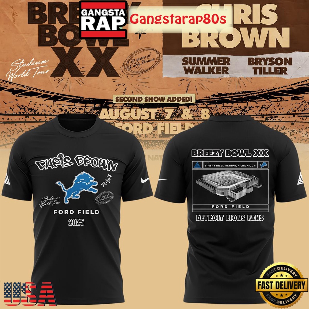 Detroit Lions x Chris Brown Breezy Bowl XX Tour T Shirt Detroit Lions x Chris Brown Breezy Bowl XX Tour T Shirt