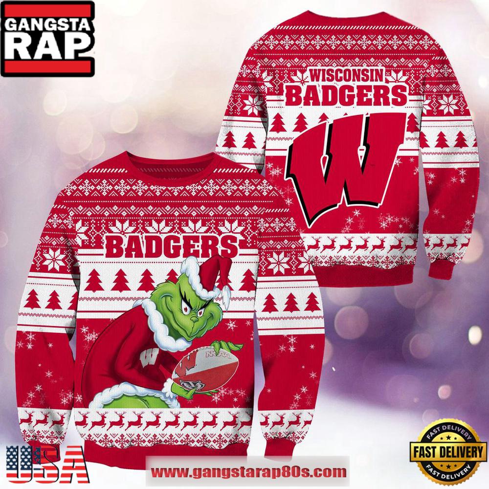 NCAA Wisconsin Badgers x Grinch New Design Ugly Xmas Sweater NCAA Wisconsin Badgers x Grinch New Design Ugly Xmas Sweater
