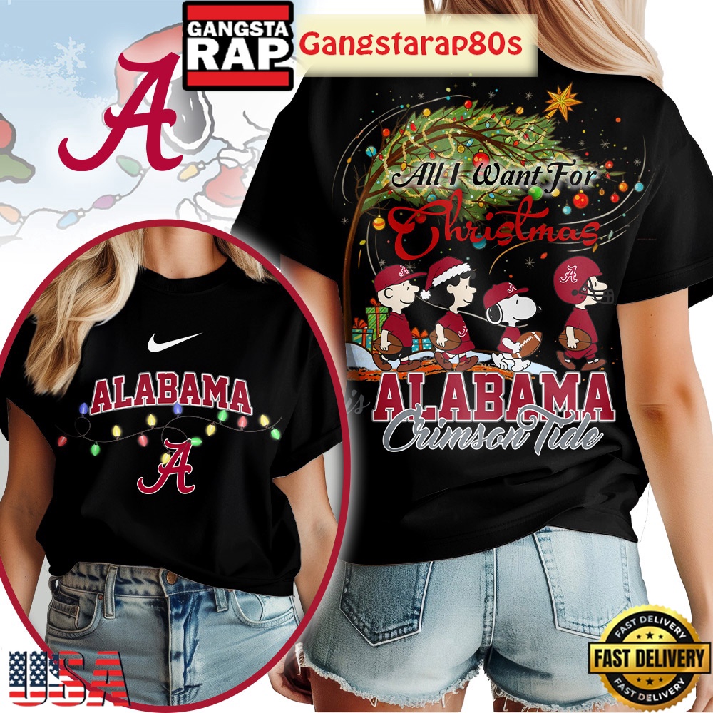 Alabama Crimson Tide NCAA All I Want For Christmas Peanuts 2025 Black Shirt Alabama Crimson Tide NCAA All I Want For Christmas Peanuts 2025 Black Shirt