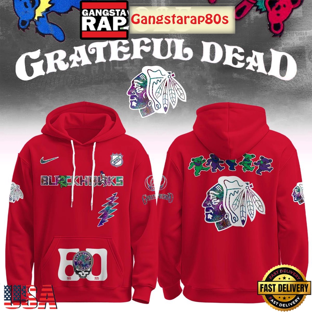 Chicago Blackhawks Grateful Dead 60 Years Special Edition All Over Print Hoodie Chicago Blackhawks Grateful Dead 60 Years Special Edition All Over Print Hoodie