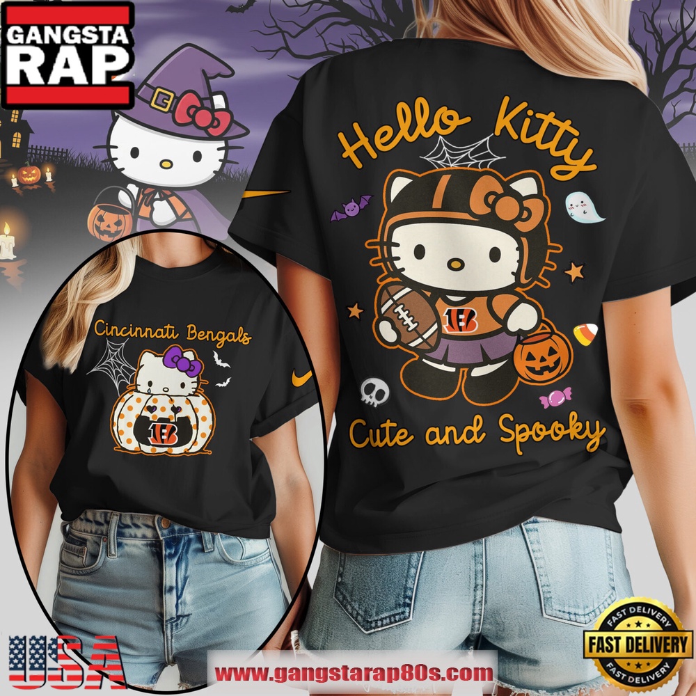 Cincinnati Bengals NFL Hello Kitty Cute And Spooky Halloween Women's Black Shirt Cincinnati Bengals NFL Hello Kitty Cute And Spooky Halloween Women's Black Shirt