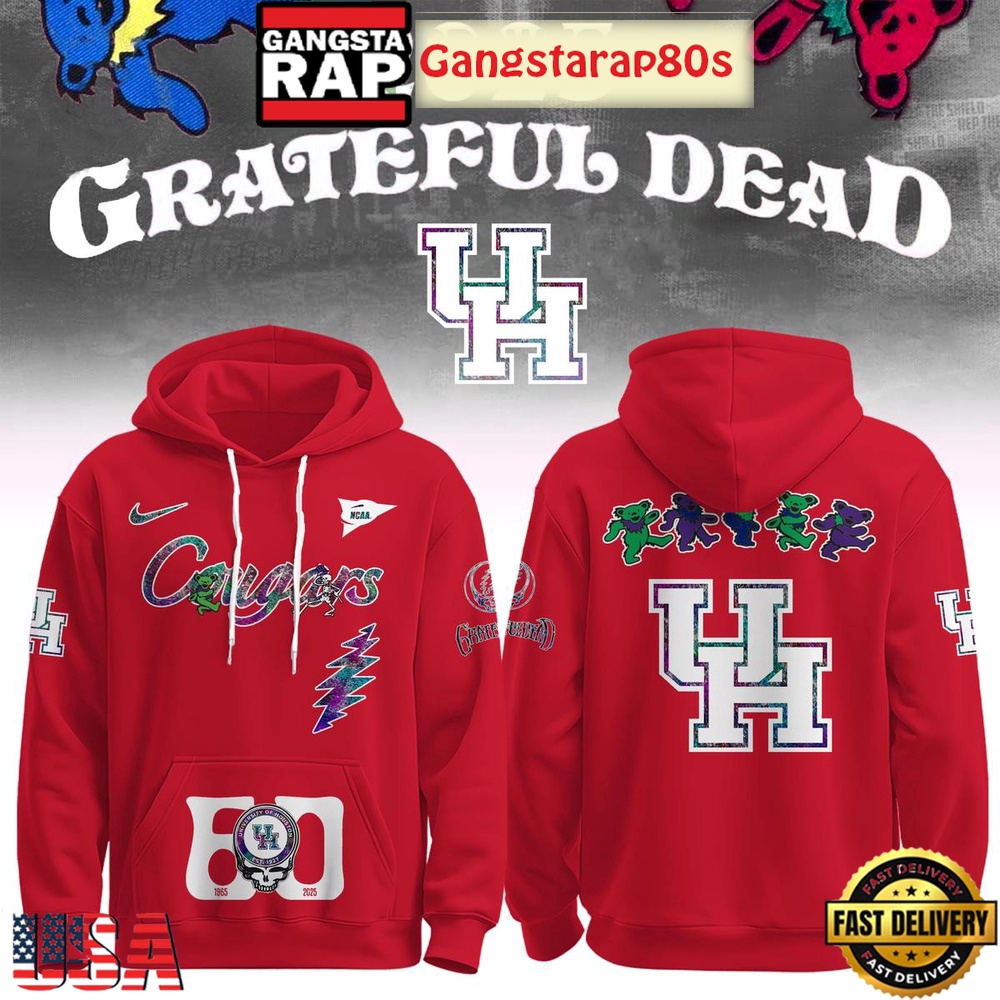 Houston Cougars x Grateful Dead 60 Years Unisex Hoodie Houston Cougars x Grateful Dead 60 Years Unisex Hoodie