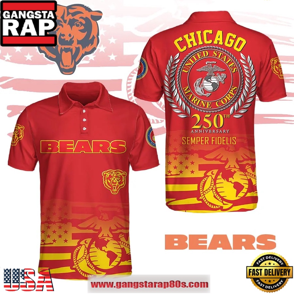 NFL Chicago Bears USMC 250th Birthday Polo Shirt NFL Chicago Bears USMC 250th Birthday Polo Shirt